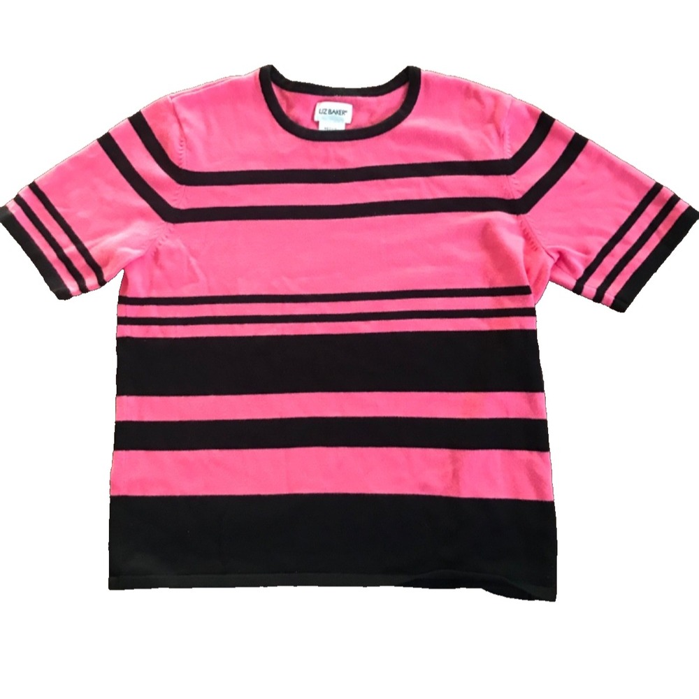 Liz Baker Size Medium Striped Short Sleeve Sweater Top - Round neck Pink & Black